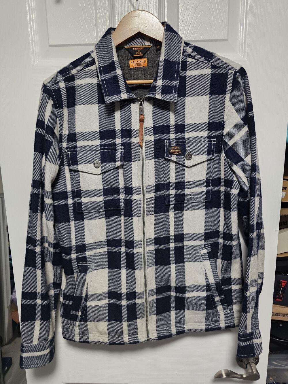 Superdry Jacket Mens L Wool Blend Plaid Flannel Blue Work Wear Craft Zip Up